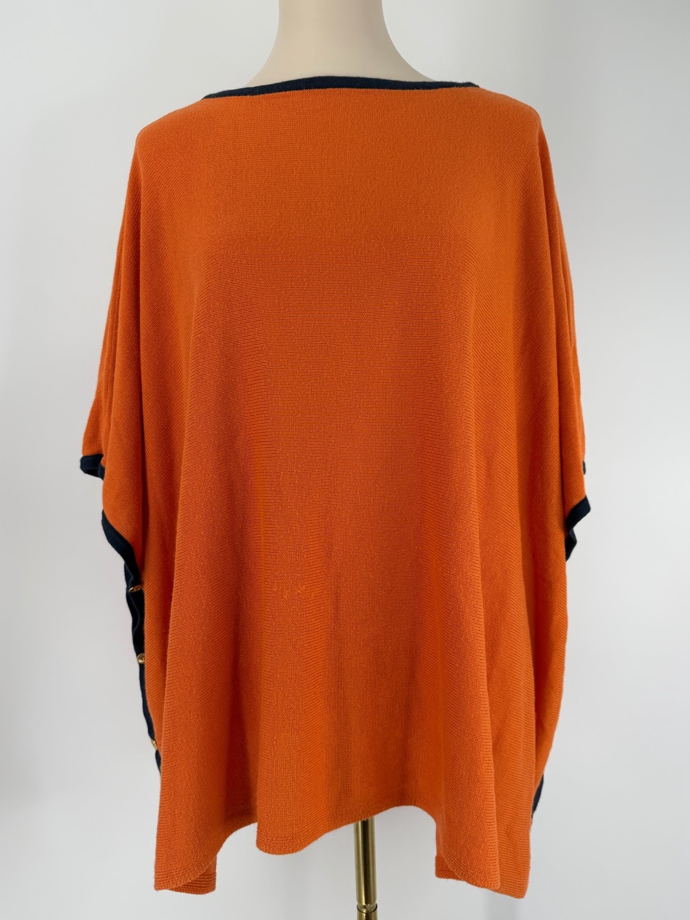 Lauren Ralph Lauren, Silk-Linen Knit Poncho with Navy Trim, Size S/M